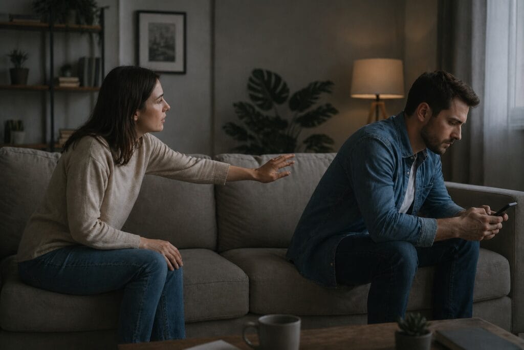 Żona wyciąga rękę do mężczyzny, a mąż ignoruje żonę, patrząc w telefon.